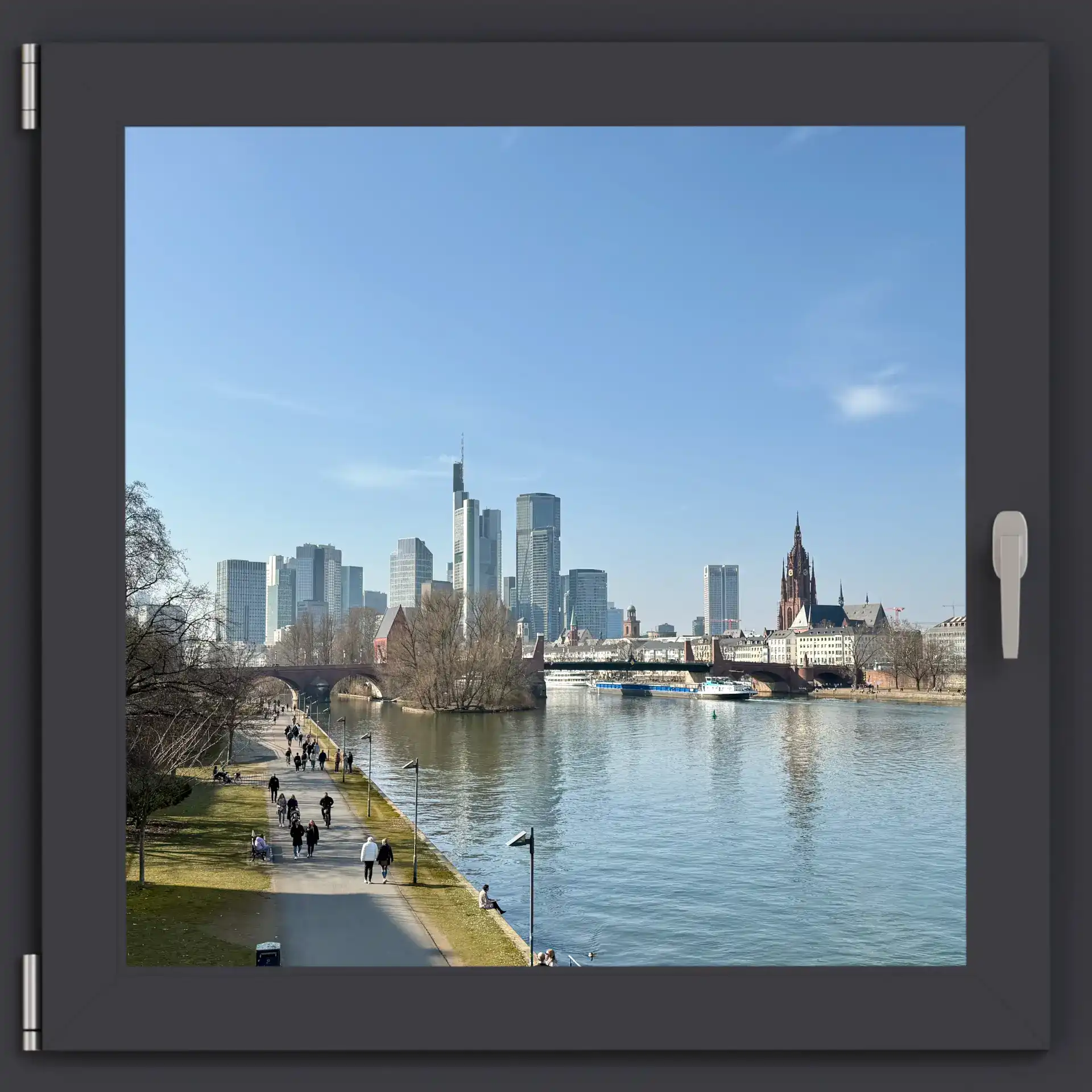 Blick aus einem Fenster auf Frankfurt am Main